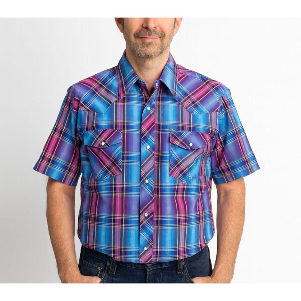 Wrangler sz XL men western plaid short sleeve shirt pearl snap button